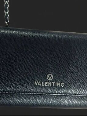 Valentino Black Leather Crossbody with Silver Chain